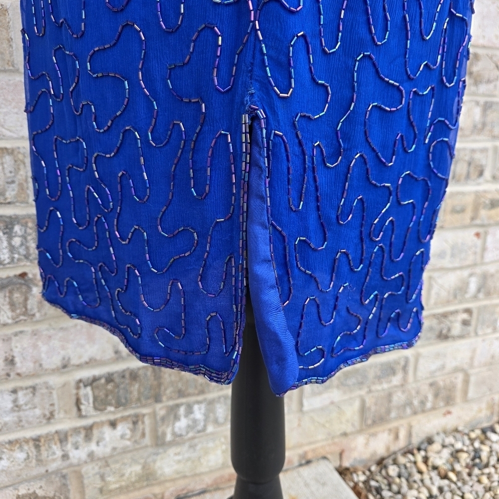 Vintage SWEELO Silk Beaded Blue Cocktail Dress 80s Art Deco Sheath M - Picture 7 of 16